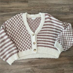 Cozy Checkered and Striped Knit Sweater - Cream and Brown